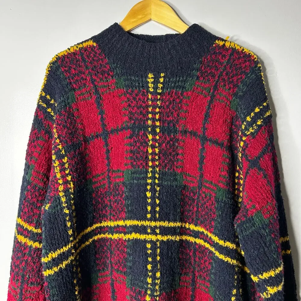 Vintage Hand Knit Jones New‎ York Tartan Plaid Wool Sweater Men's Large
